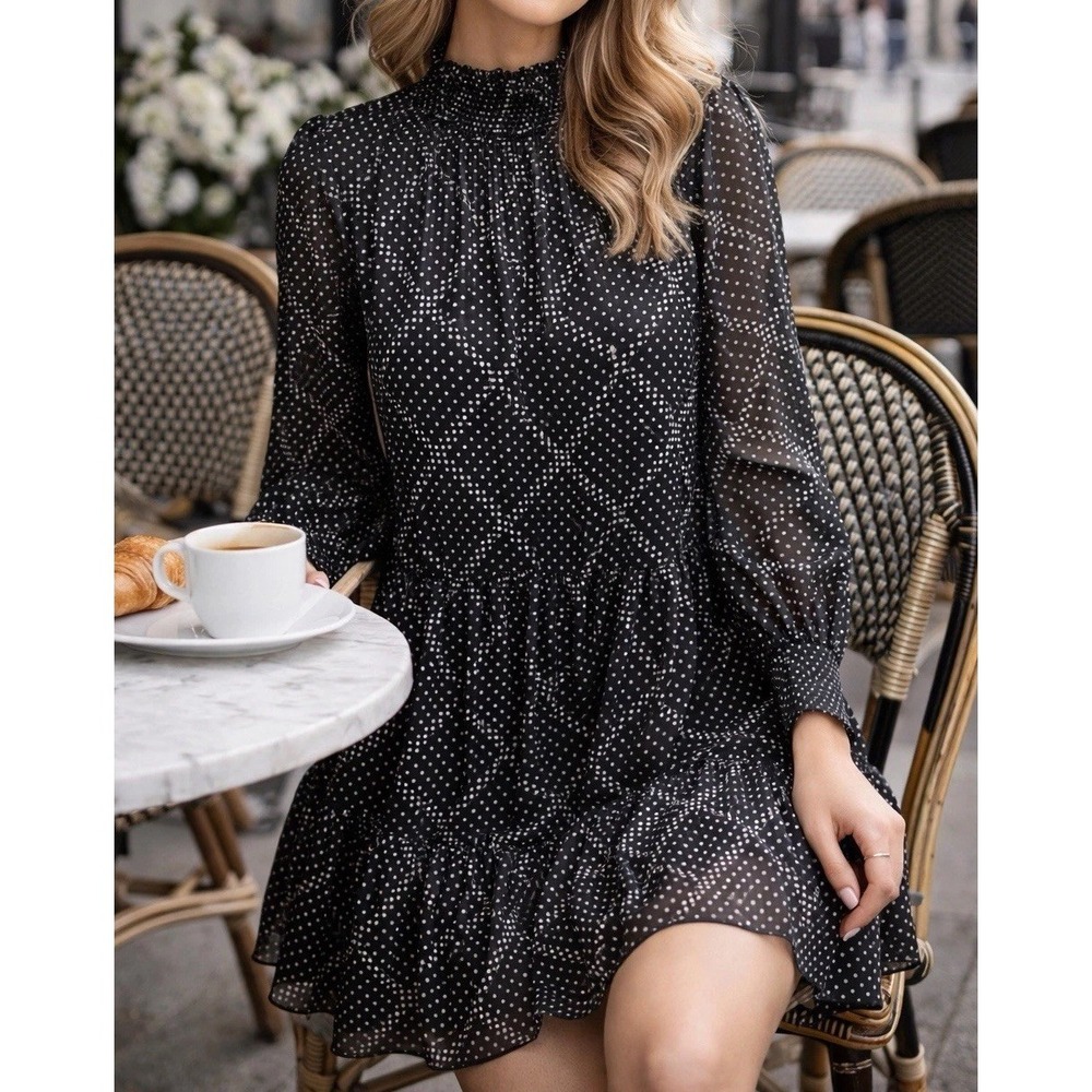 J.Crew Mini Dress Womens XS Black Polka Dot Excellent Smocked Mock Neck Pleated